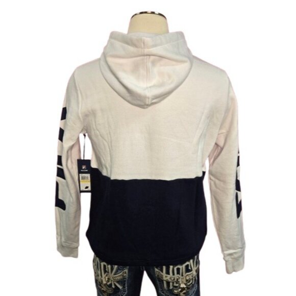 FILA Men’s Graphic Logo Hoodie – White/Navy Colorblock Pullover with Sleeve Prin - Picture 4 of 10